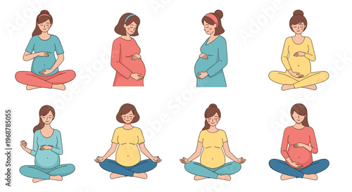 Set of eight pregnant women practicing yoga and meditation in different comfortable sitting and standing poses for wellness.