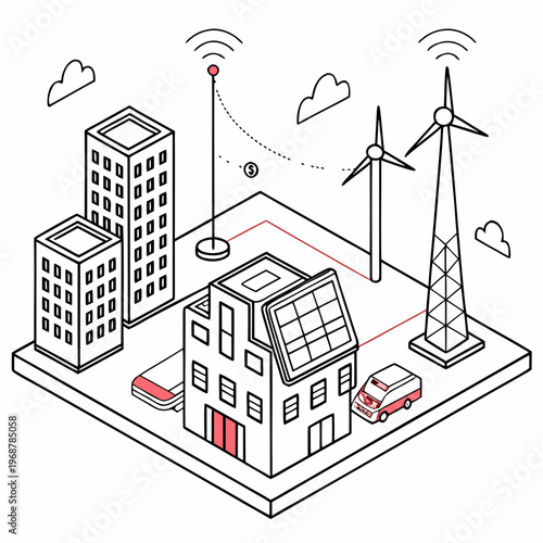 An isometric illustration depicts a smart city concept with renewable energy sources interconnected buildings and wireless communication networks high quality