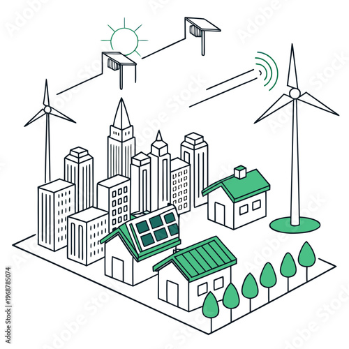 A simplified illustration depicts a sustainable city powered by renewable energy sources including solar panels and wind turbines high quality