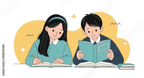 Focused teenage boy and girl students sitting together while studying, reading books, and taking notes for their classes.