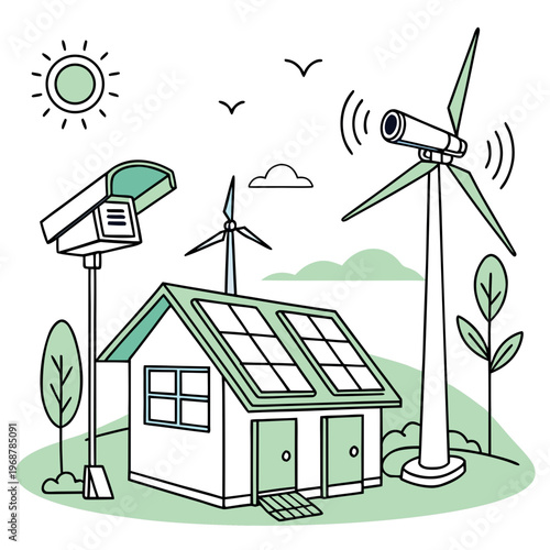 A charming illustration depicts a green house powered by renewable energy sources including solar panels and wind turbines under a sunny sky