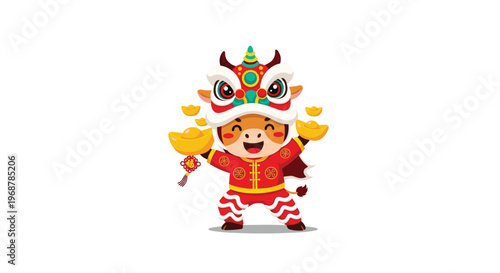 Happy character wearing a colorful Chinese lion dance costume while holding traditional gold ingots for New Year celebrations.