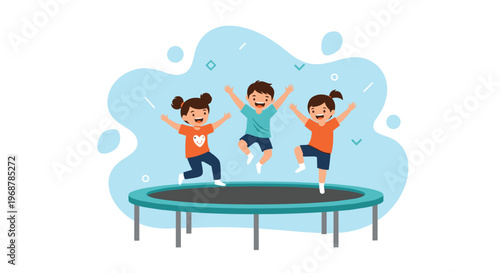 Three happy children jumping and playing on a round trampoline with a blue abstract splash background for outdoor fun.
