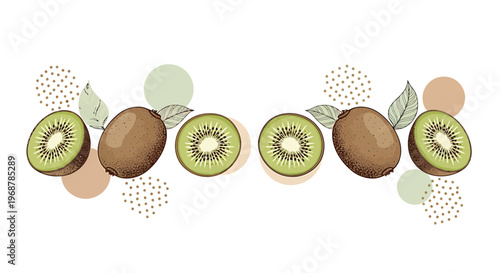 Fresh Kiwi Slices and Whole Fruits with Decorative Circles and Leaves