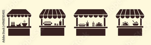 Street food stalls collection with various kiosks for outdoor market and festival food illustration