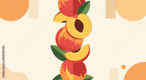 Fresh Peaches Stacked Vertically with Leaves, Vibrant Summer Fruit Illustration