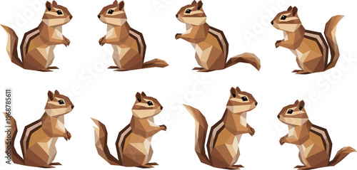 Geometric chipmunk polygon collection with low poly design, abstract striped squirrel animals in modern style vector illustration set
