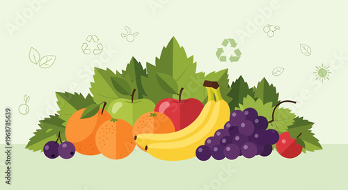 Vibrant Assortment of Fresh Fruits and Green Leaves on a Light Green Background
