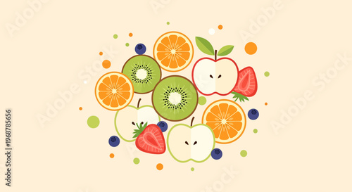 Vibrant Assortment of Fresh Fruits: Apples, Oranges, Kiwis, Strawberries, and Blueberries