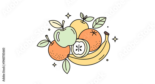 Vibrant Assortment of Fresh Fruits: Banana, Apples, Oranges, and Citrus Slice