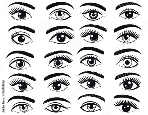 Eye Shapes and Makeup Styles Collection, Beauty Illustration Set with Various Eye Types, Eyeliner and Eyeshadow Looks, Cosmetic Design Elements, Modern Vector Graphics for Fashion Projects