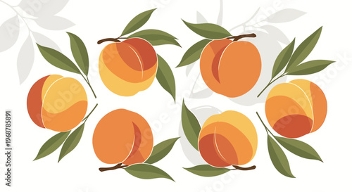 Vibrant Peaches with Leaves, Fresh Fruit Illustration, Healthy Food Concept
