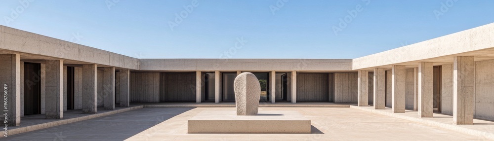 Fototapeta premium Architectural Serenity A centered organic stone sculpture in a brutalist concrete courtyard, with repeating columns and stark light under a clear sky. ,Minimalism,Contemplative