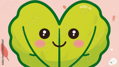 Cute cartoon-style heart-shaped leaf with a smiling face, children’s theme. Ai generated.