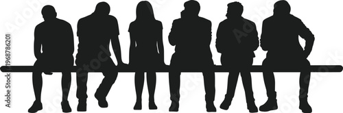 Black silhouette of diverse group of people sitting on a long bench waiting for public transportation or social gathering isolated on white background.