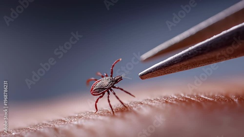 Macro Close-up of Removing an Encephalitis Tick from Human Skin with Tweezers