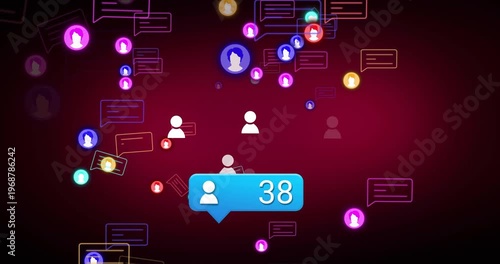 Blue bubble updating count, drawing color avatars in on maroon tech UI, showing social growth