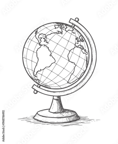 Hand drawn of a globe a stand showing continents and oceans earth