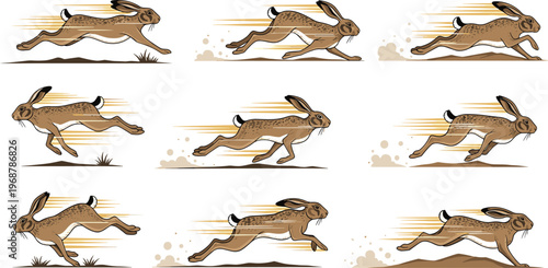 Running rabbit illustration collection with dynamic motion lines, fast hare action poses and speed concept wildlife vector design set