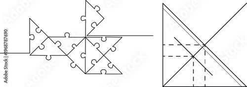 Geometric puzzle illustration showing triangular jigsaw pieces and a mathematical diagram Vector