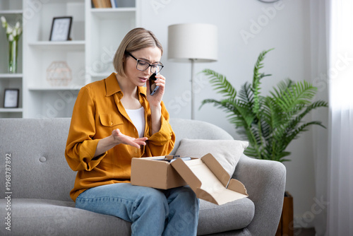 Woman getting disappointed with delivery calling customer support