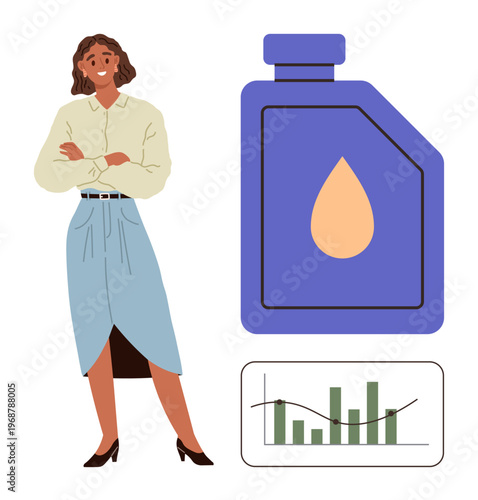 Business analysis, growth, product marketing, economic statistics, oil industry, corporate strategy. Woman standing near an oil container and growth chart. Business analysis and growth concept
