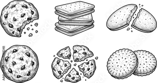 Cookies Biscuit Sketch Vector Set. Cookies biscuit vector set with chocolate chip crackers and sandwich biscuits isolated detailed hand drawn food illustration