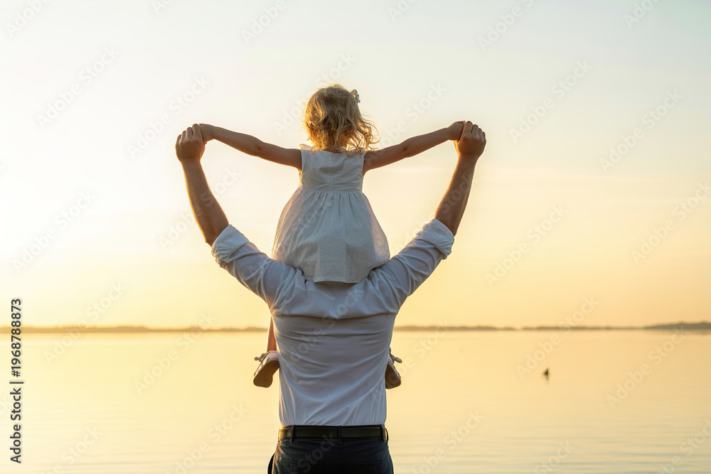 Fototapeta premium A man carrying a little girl on his shoulders by the ocean isolated on transparent background, Vector, illustration