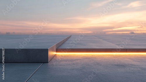 Expansive concrete platform with glowing amber line under a soft sunset sky. Minimalist modern display for products, events or architectural renders. ,futuristic ,empty stage