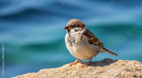 A small sparrow perched on a rock with a blurred blue background