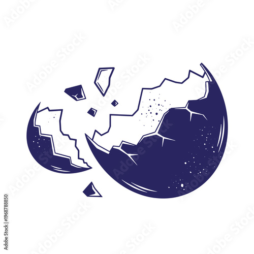 Dark blue broken eggshell with jagged edges and floating shell fragments isolated on a white background