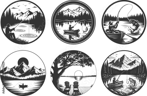 Celebrating fathers day dad vintage engravings of outdoor activities family and leisure time