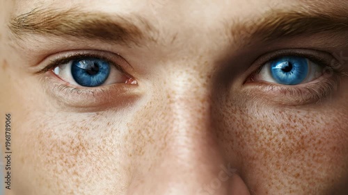 Extreme Close-up of a Man's Face with One Natural and One Prosthetic Blue Eye