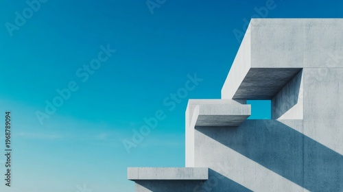 Geometric Brutalism Abstract concrete edifice under a crisp blue sky, sharp shadows accentuating minimalist form and volumetric play. ,architecture ,modern