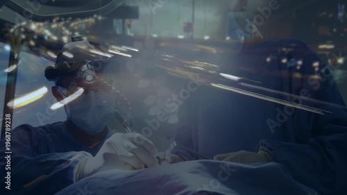 Surgeon making incision, operating torso, assistant steadying drapes, city light streaks overlaying