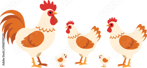 Chicken Family Collection Featuring Rooster, Hen, and Chicks for Farm and Animal Illustrations