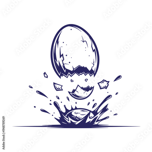 Dark blue ink of a cracked eggshell falling and splashing into a liquid surface with scattered shell fragments and dynamic droplets isolated on a white background