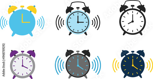 Alarm Clock Collection Featuring Various Ringing and Silent Clock Designs for Time Management and Reminder Illustrations