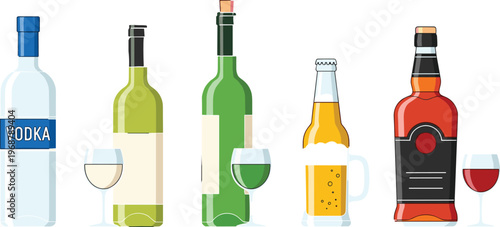 Beverage Bottle Collection Featuring Vodka, Wine, Beer, and Whiskey with Glasses for Alcohol and Drink Illustrations