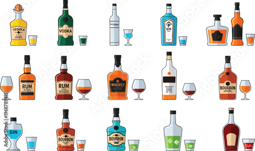 Alcohol Bottle Collection Featuring Vodka, Rum, Whiskey, and Various Spirits with Glasses for Beverage and Bar Illustrations