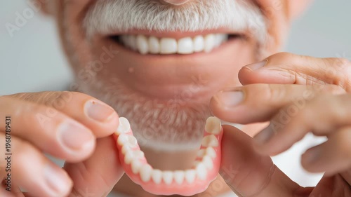 Close-up of a Senior Man Inserting a Lower Denture into his Mouth
