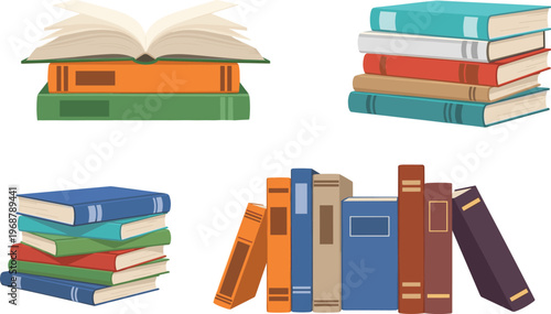 Book Collection Featuring Open Books, Stacks, and Standing Books for Education, Library, and Reading Illustrations
