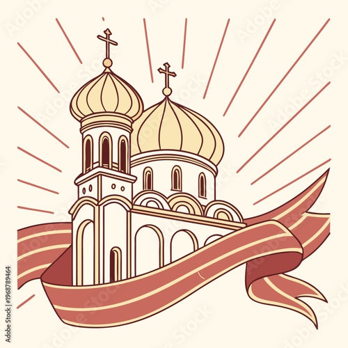 Orthodox church with golden domes and red ribbon with eastern orthodox with religious building with place of worship