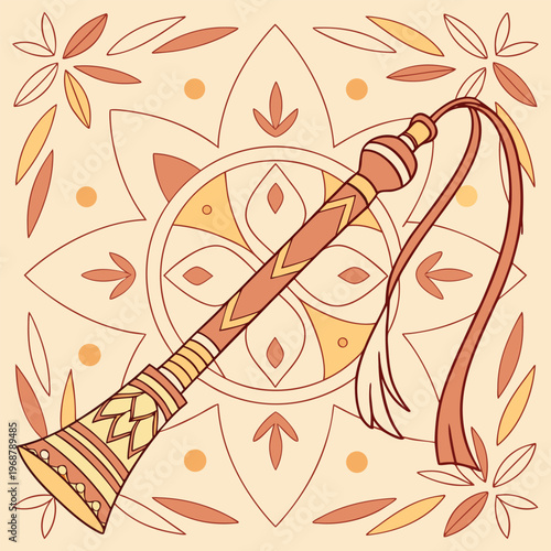 Traditional indian shehnai instrument with mandala background with indian music with woodwind instrument with wind instrument with folk music
