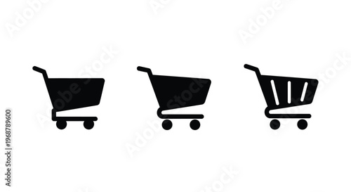 Three black shopping cart icons with varying levels of detail are displayed
