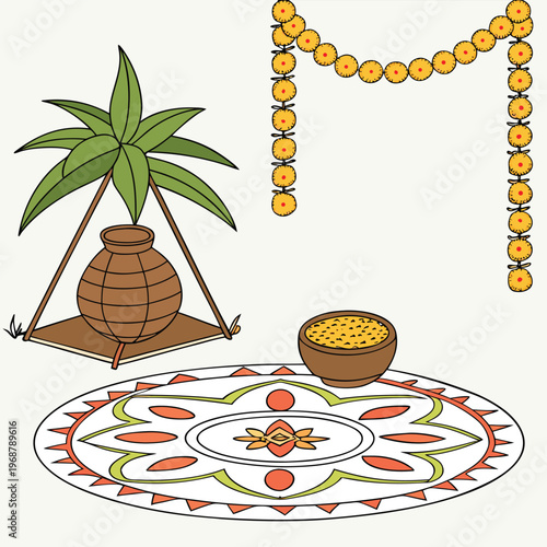 Traditional indian ceremonial setup with kalash, marigold garlands, decorative rug, and bowl of yellow grains or sweets, the scene evokes