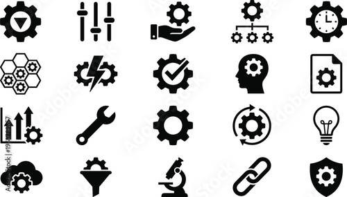 Engineering Gear Icon Set with Settings, Automation, Tools, Maintenance, Process Control, Innovation, System Optimization, and Industrial Technology Symbols for UI Design