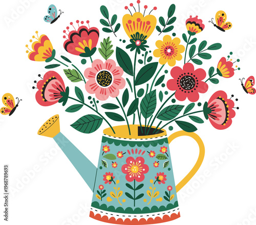 A beautiful still life with a pink floral bouquet of spring blossoms in a decorative pitcher beside a tea cup, creating a nature-inspired design with fresh green leaves and summer daisies