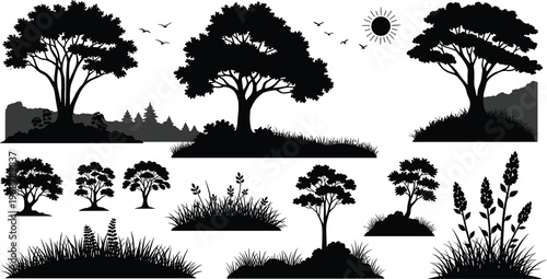 A silhouetted landscape depicts various trees shrubs and grasses against a bright sun and clear sky high quality professional detailed modern elegant stylish