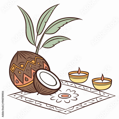 Coconut offering with diya lamps and floral decoration with still life